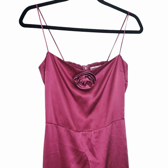 Reformation Frankie Strawberry Wine Pink Rosette Silk Maxi Dress Back Slit 4 - Picture 5 of 13